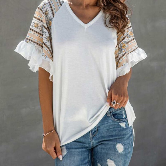 Boho chic ruffle sleeve Print top - white - Picture 6 of 11